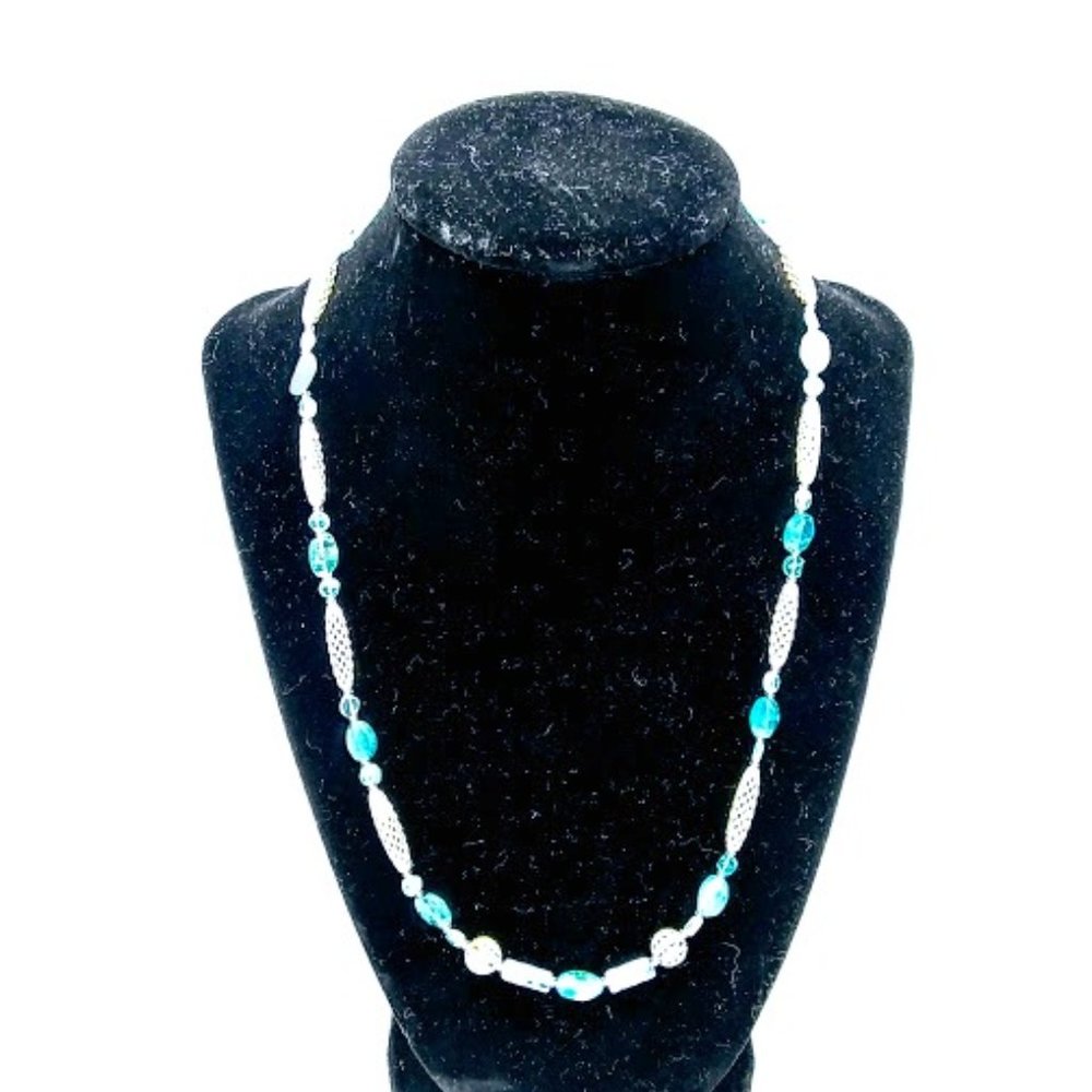 APATITE{blue} GEMSTONE & SILVER PLTD BEADS NECKLACE*HAND CRAFTED.